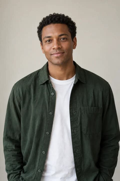 AI-generated reference portrait of a man in a green overshirt