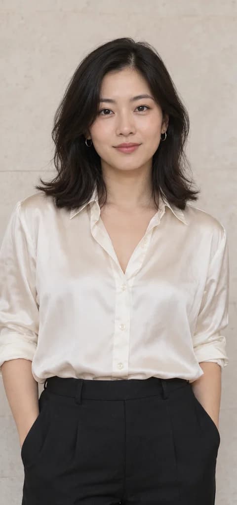 AI-generated reference portrait of a woman in an ivory shirt