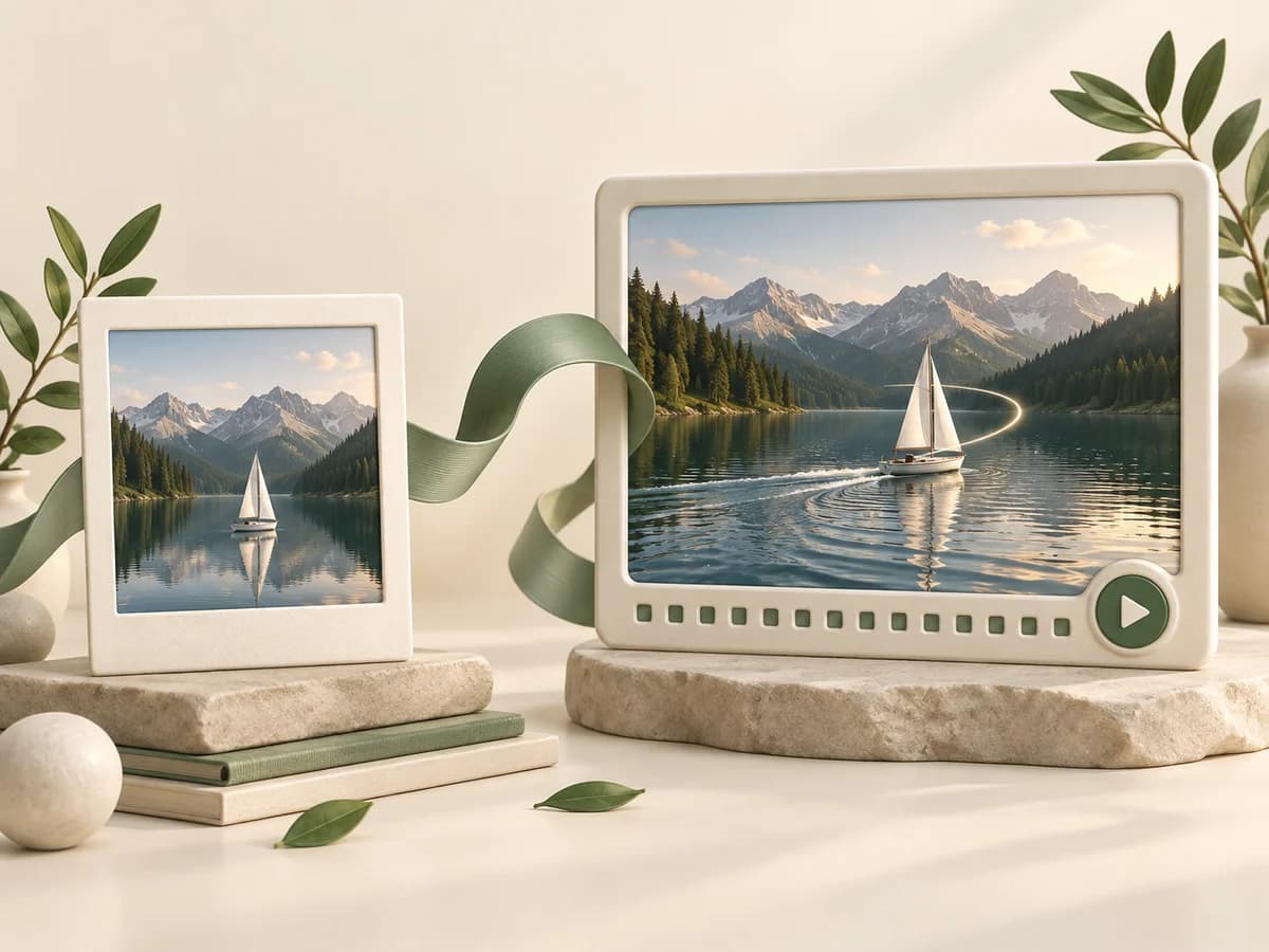 A still photograph of a sailboat becomes a video scene with rippling water.