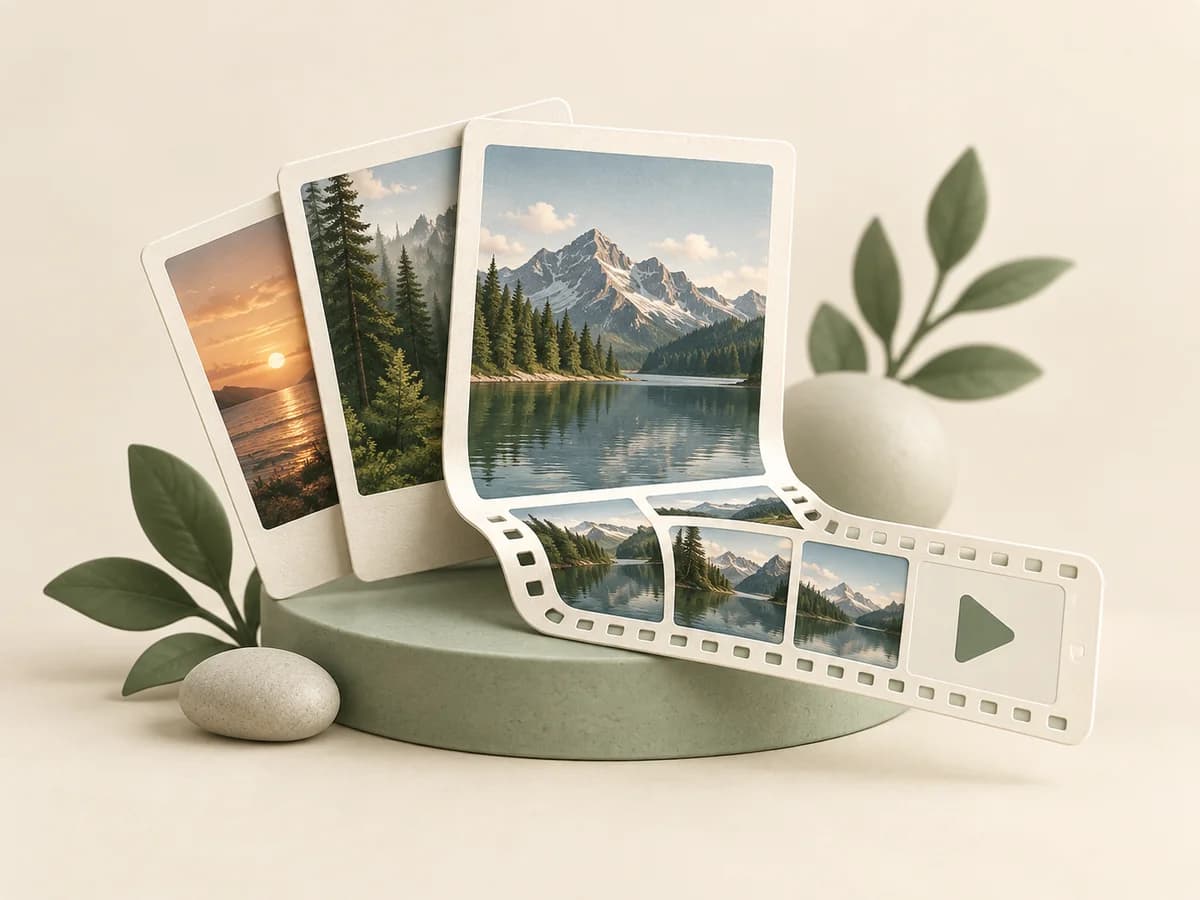 Travel photographs unfold into a filmstrip with a play symbol.
