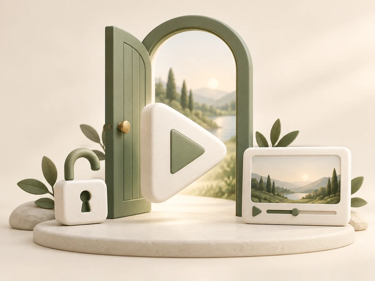 An open door, unlocked padlock, and play button illustrate exploring the video maker without signing up.