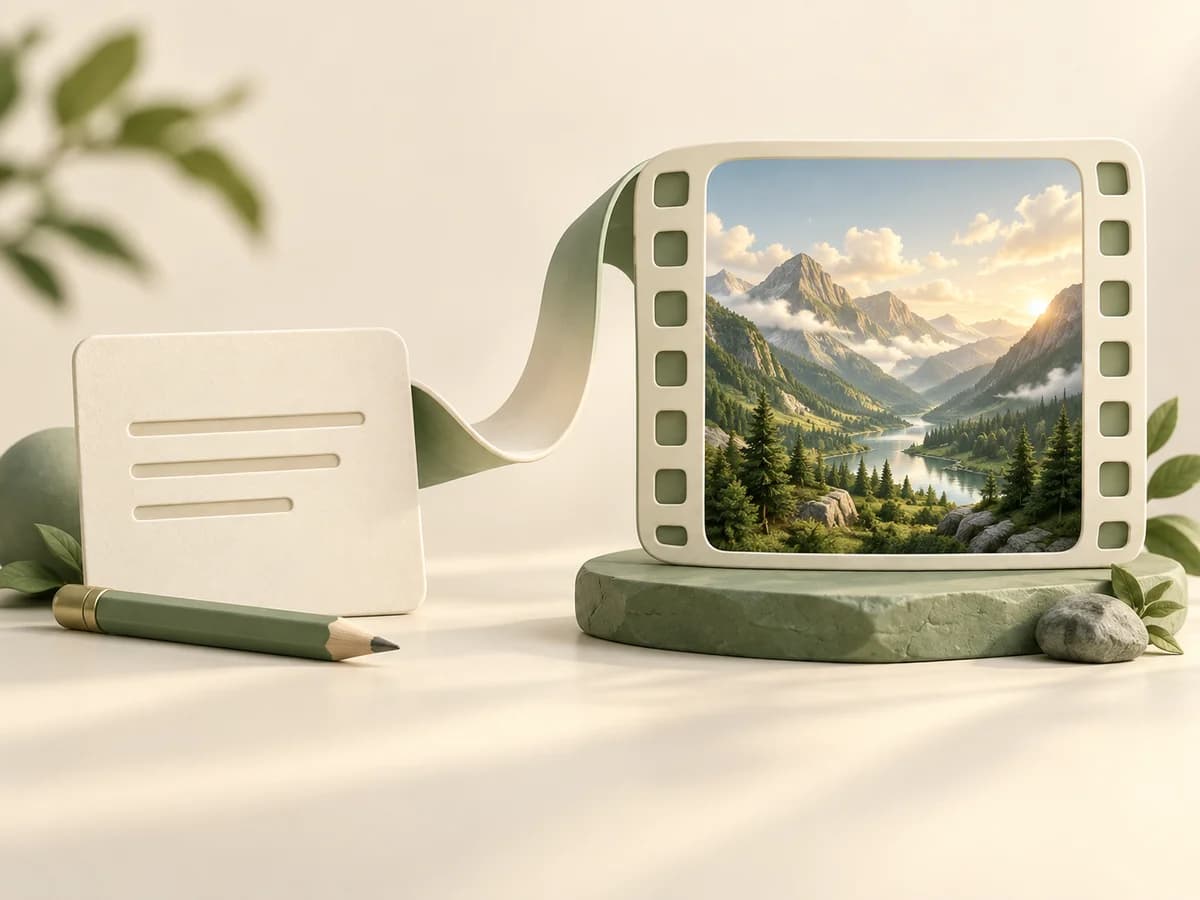 A prompt card and pencil transform into a cinematic mountain landscape in a film frame.