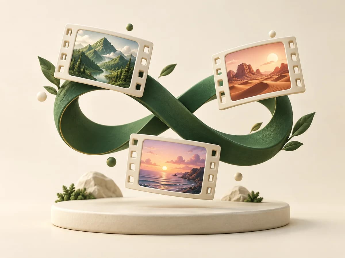 An infinity ribbon connects film frames showing mountains, a desert, and a sunset.