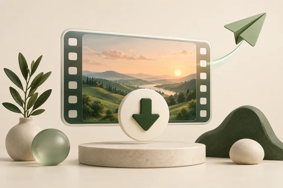 A finished landscape video with a download arrow and a paper airplane for sharing.