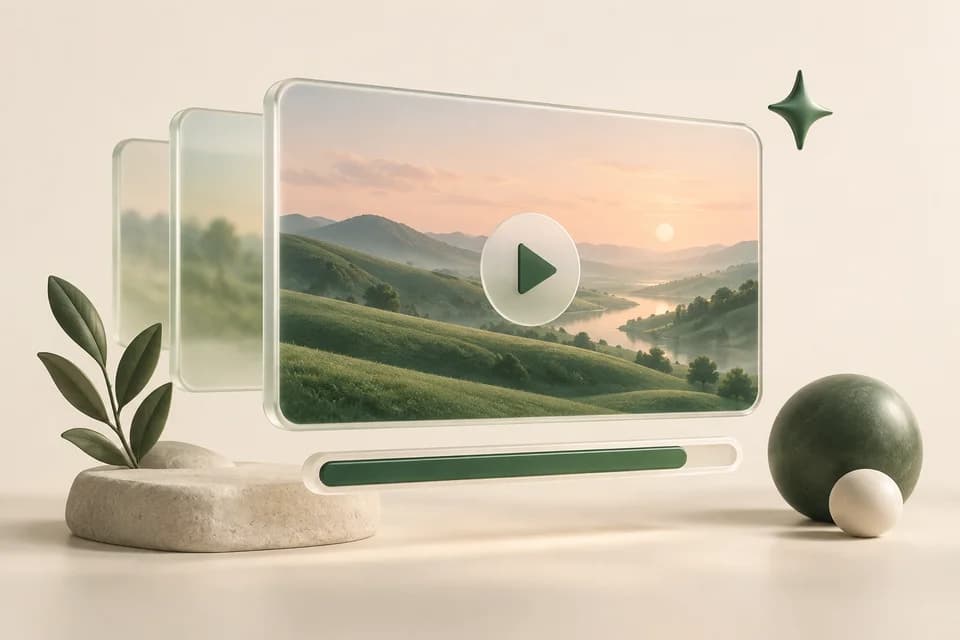Layered landscape frames and a progress bar illustrating AI video generation.