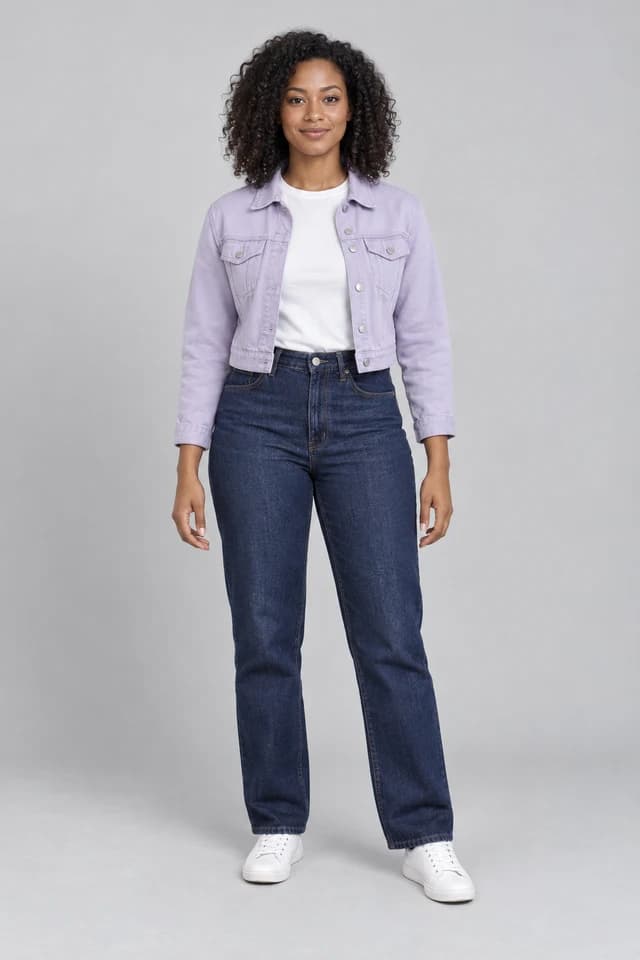 AI-generated fictional adult in a lavender jacket, white shirt and blue jeans, shown from head to shoes